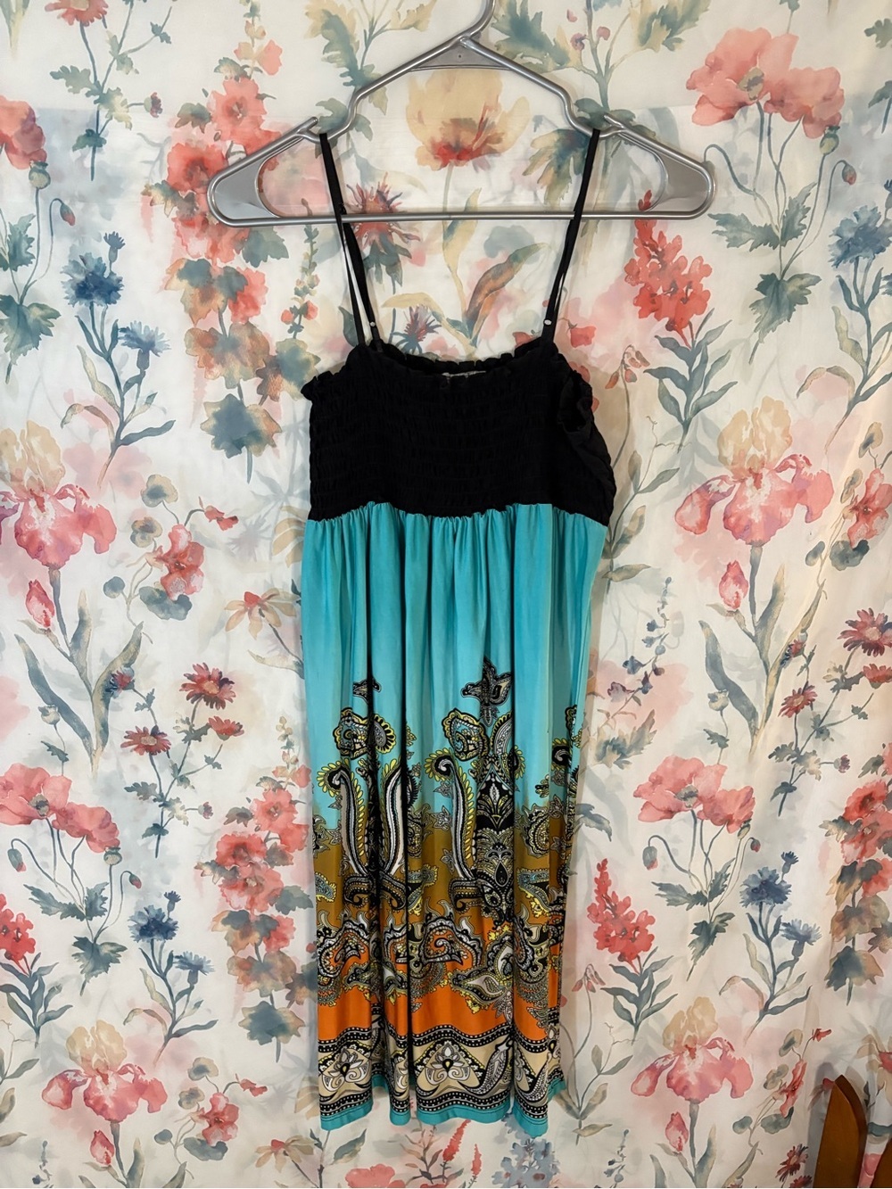 Vintage Black & Turquoise Boho Maxi Dress with Orange Accent